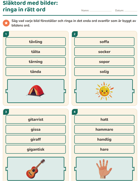 Förhandsvisning av Släktord, prefix och suffix-arbetsblad för Årskurs 1