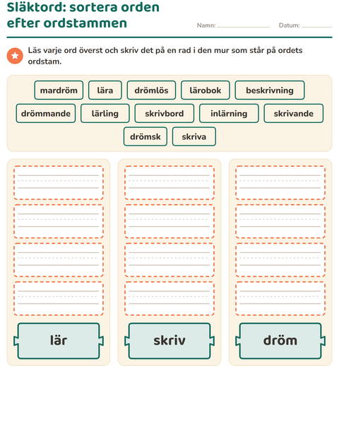 Förhandsvisning av Släktord, prefix och suffix-arbetsblad för Årskurs 2