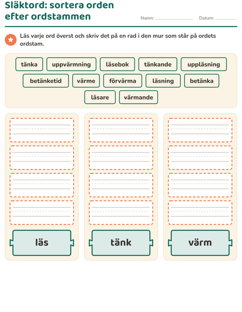 Förhandsvisning av Släktord, prefix och suffix-arbetsblad för Årskurs 2