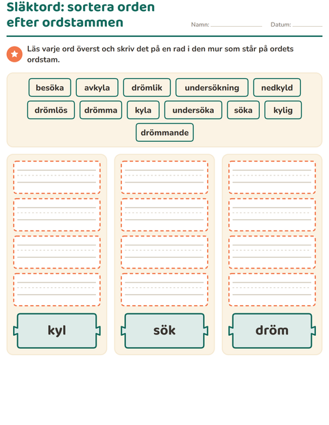 Förhandsvisning av Släktord, prefix och suffix-arbetsblad för Årskurs 2