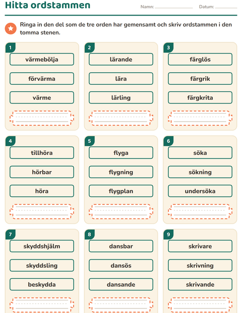 Förhandsvisning av Släktord, prefix och suffix-arbetsblad för Årskurs 2