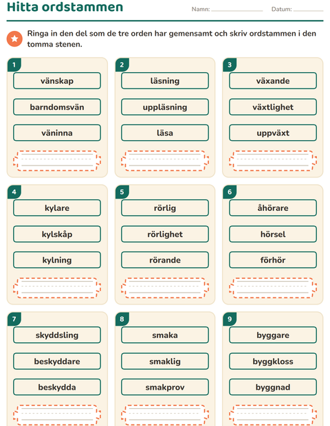 Förhandsvisning av Släktord, prefix och suffix-arbetsblad för Årskurs 2