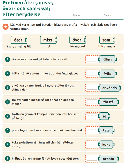 Förhandsvisning av Släktord, prefix och suffix-arbetsblad för Årskurs 2