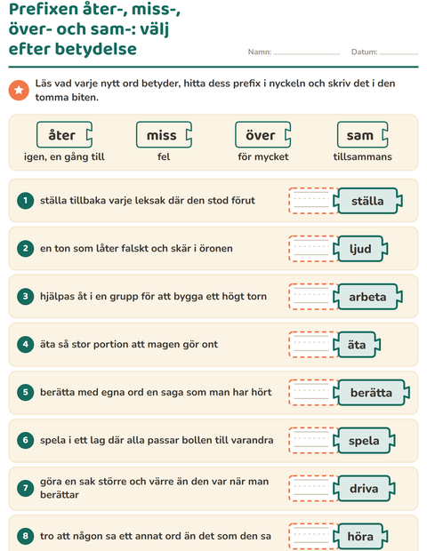 Förhandsvisning av Släktord, prefix och suffix-arbetsblad för Årskurs 2