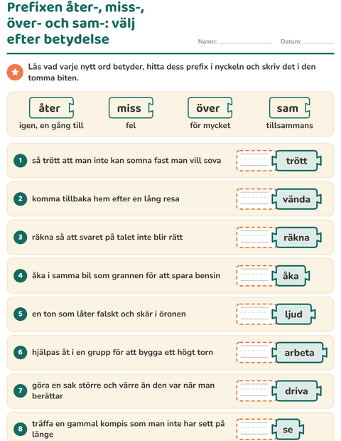 Förhandsvisning av Släktord, prefix och suffix-arbetsblad för Årskurs 2