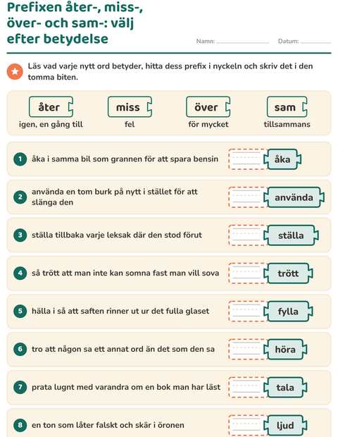 Förhandsvisning av Släktord, prefix och suffix-arbetsblad för Årskurs 2