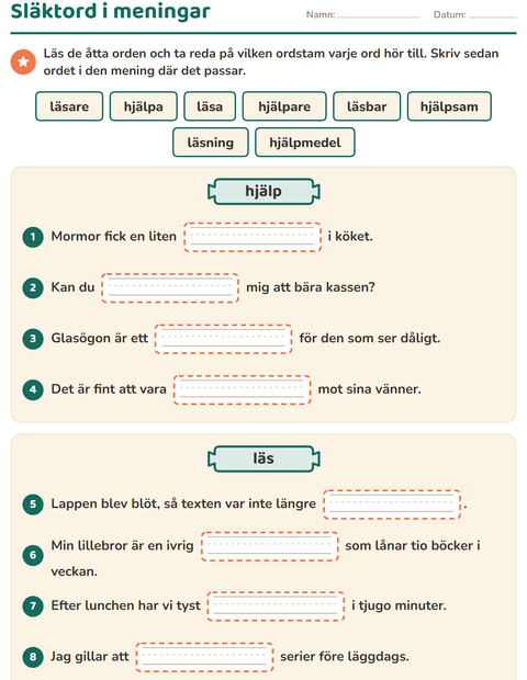 Förhandsvisning av Släktord, prefix och suffix-arbetsblad för Årskurs 3