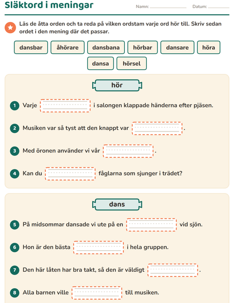 Förhandsvisning av Släktord, prefix och suffix-arbetsblad för Årskurs 3