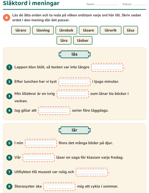 Förhandsvisning av Släktord, prefix och suffix-arbetsblad för Årskurs 3