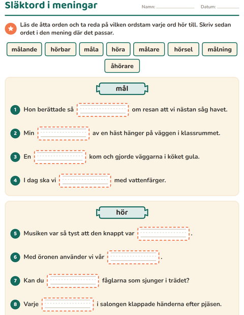Förhandsvisning av Släktord, prefix och suffix-arbetsblad för Årskurs 3