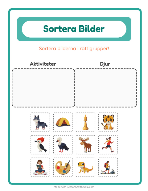 Förhandsvisning av Sortera Bilder-arbetsblad för Förskoleklass