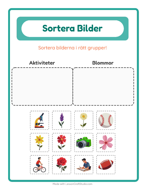 Förhandsvisning av Sortera Bilder-arbetsblad för Förskoleklass