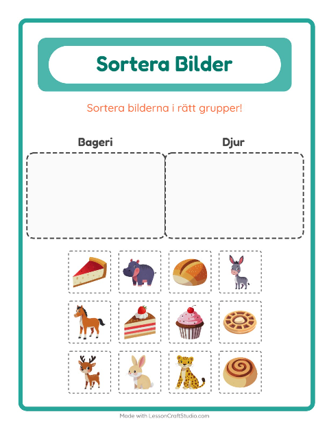 Förhandsvisning av Sortera bilder: Bageri och Djur – arbetsblad för förskolan