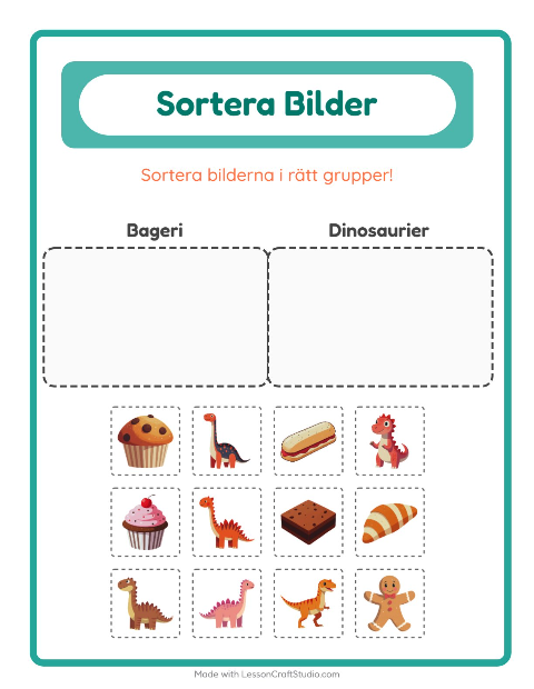 Förhandsvisning av Sortera bilder: Bageri och Dinosaurier – arbetsblad för förskolan