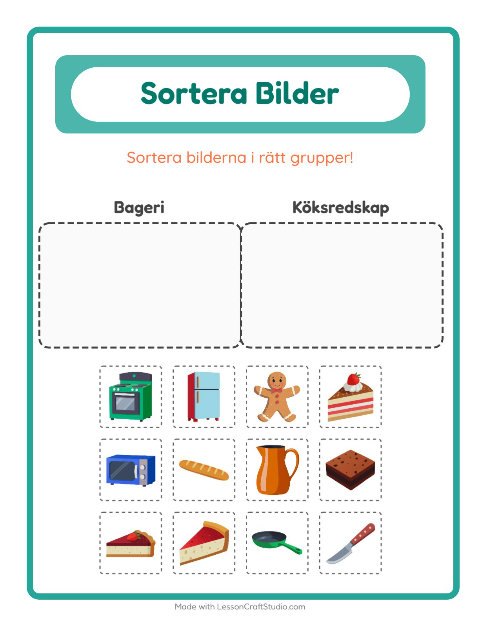 Förhandsvisning av Sortera bilder: Bageri och Köksredskap – arbetsblad för förskolan