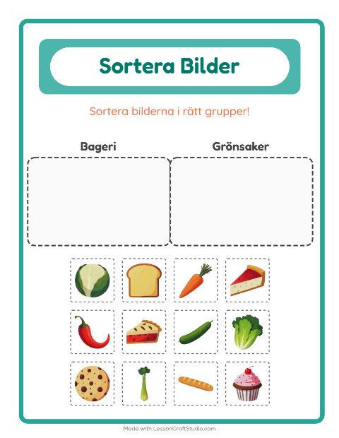 Förhandsvisning av Sortera bilder: Bageri och Grönsaker – arbetsblad för förskolan