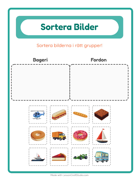 Förhandsvisning av Sortera bilder: Bageri och Fordon – arbetsblad för förskolan