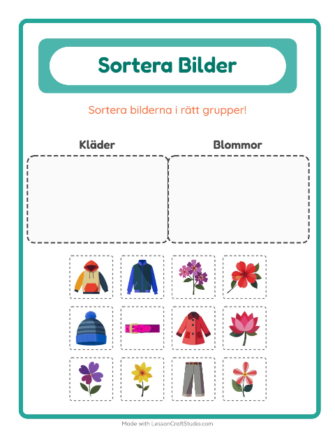 Förhandsvisning av Sortera bilder: Kläder och Blommor – arbetsblad för förskolan