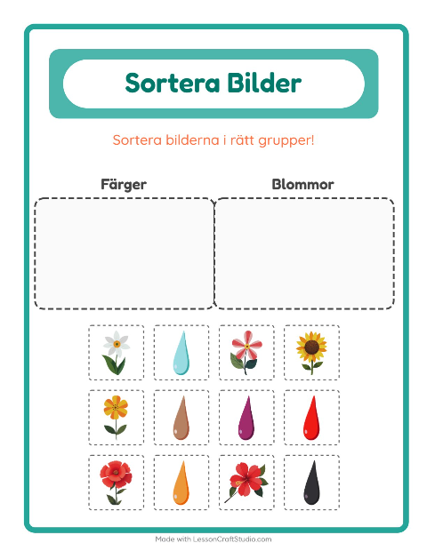 Förhandsvisning av Sortera bilder: Färger och Blommor – arbetsblad för förskolan
