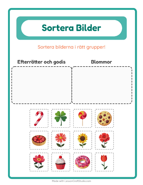 Förhandsvisning av Sortera bilder: Efterrätter och godis och Blommor – arbetsblad för förskolan