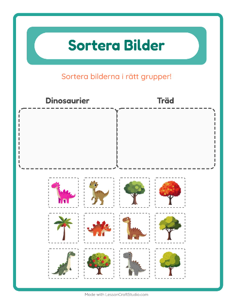 Förhandsvisning av Sortera bilder: Dinosaurier och Träd – arbetsblad för förskolan