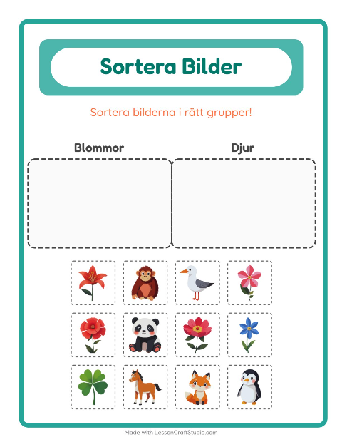 Förhandsvisning av Sortera bilder: Blommor och Djur – arbetsblad för förskolan