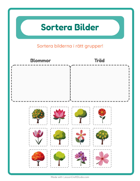 Förhandsvisning av Sortera bilder: Blommor och Träd – arbetsblad för förskolan