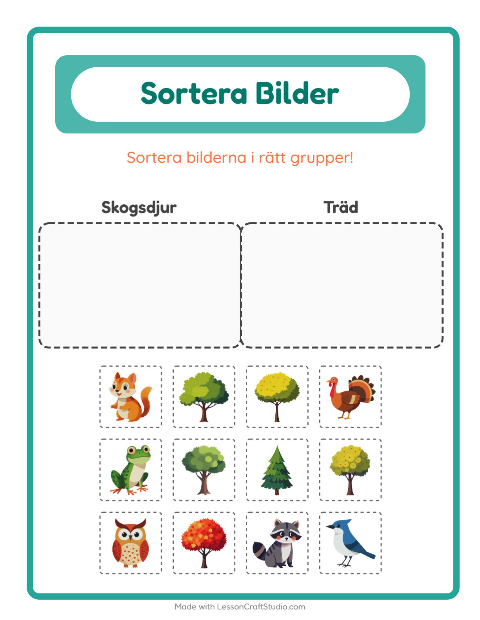 Förhandsvisning av Sortera Bilder-arbetsblad för Förskoleklass
