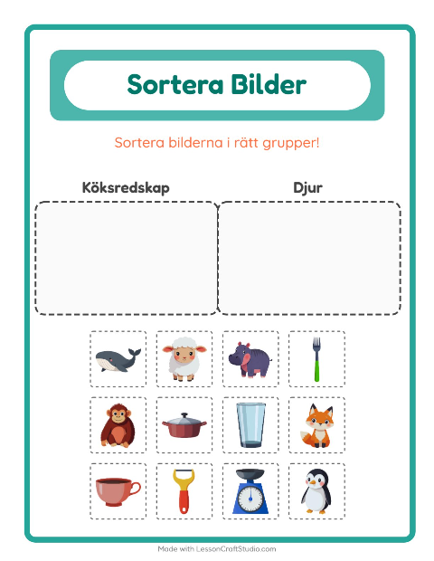 Förhandsvisning av Sortera bilder: Köksredskap och Djur – arbetsblad för förskolan