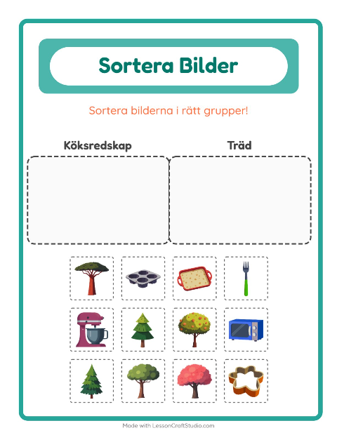 Förhandsvisning av Sortera bilder: Köksredskap och Träd – arbetsblad för förskolan