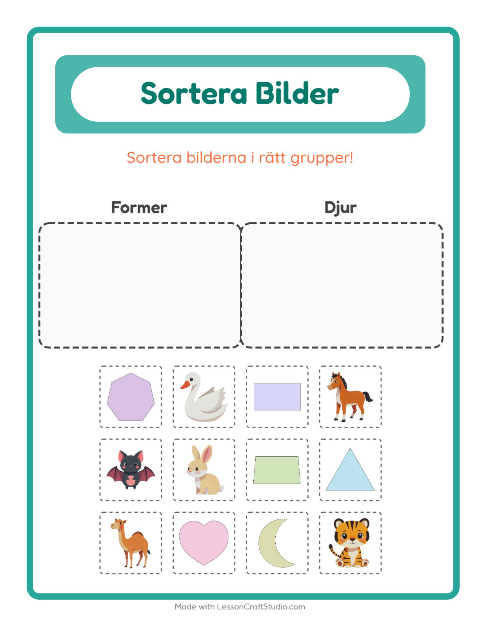 Förhandsvisning av Sortera bilder: Former och Djur – arbetsblad för förskolan
