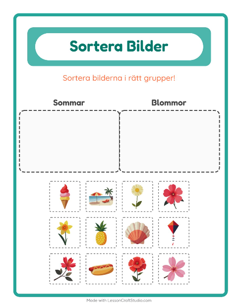 Förhandsvisning av Sortera bilder: Sommar och Blommor – arbetsblad för förskolan