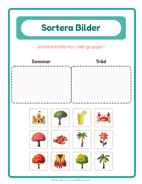Förhandsvisning av Sortera Bilder-arbetsblad för Förskoleklass