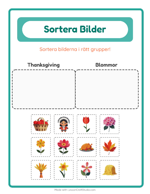 Förhandsvisning av Sortera bilder: Thanksgiving och Blommor – arbetsblad för förskolan
