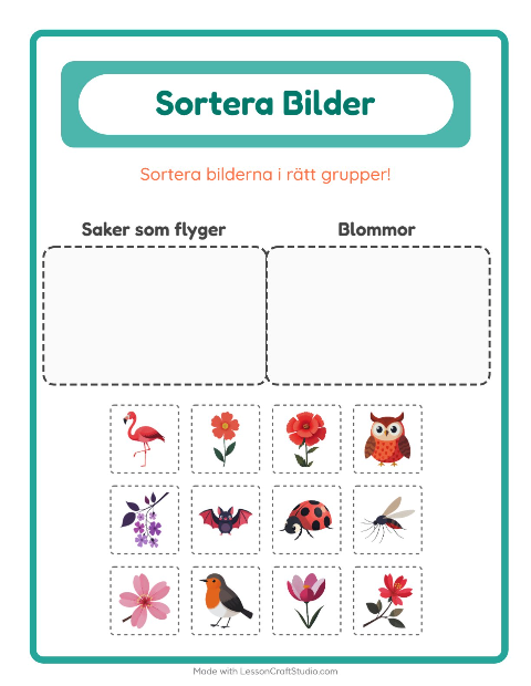 Förhandsvisning av Sortera Bilder-arbetsblad för Förskoleklass
