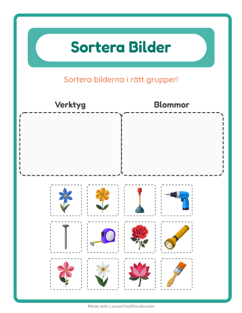 Förhandsvisning av Sortera Bilder-arbetsblad för Förskoleklass