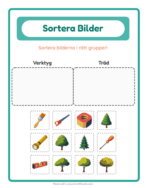 Förhandsvisning av Sortera bilder: Verktyg och Träd – arbetsblad för förskolan
