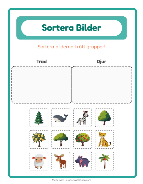 Förhandsvisning av Sortera bilder: Träd och Djur – arbetsblad för förskolan