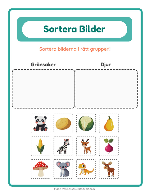 Förhandsvisning av Sortera bilder: Grönsaker och Djur – arbetsblad för förskolan