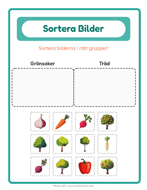 Förhandsvisning av Sortera bilder: Grönsaker och Träd – arbetsblad för förskolan