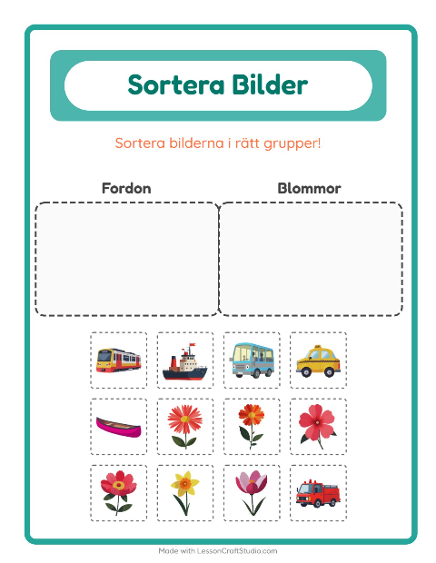 Förhandsvisning av Sortera Bilder-arbetsblad för Förskoleklass