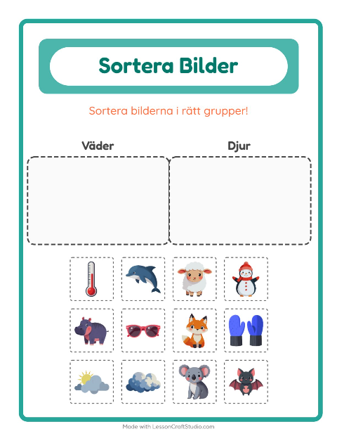 Förhandsvisning av Sortera bilder: Väder och Djur – arbetsblad för förskolan
