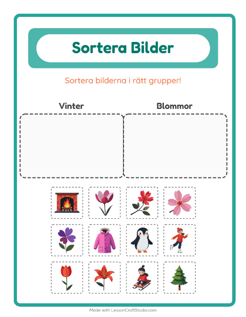 Förhandsvisning av Sortera bilder: Vinter och Blommor – arbetsblad för förskolan