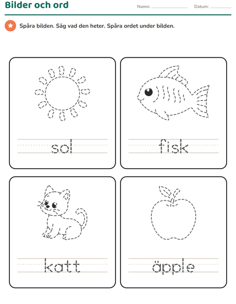 Förhandsvisning av Spåra bilden, säg ordet och spåra ordet: sol, fisk, katt, äpple
