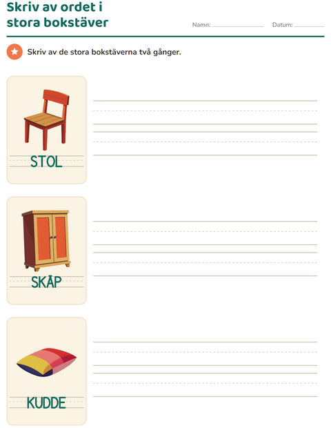 Förhandsvisning av Spåra ord-arbetsblad med Möbler för Förskoleklass