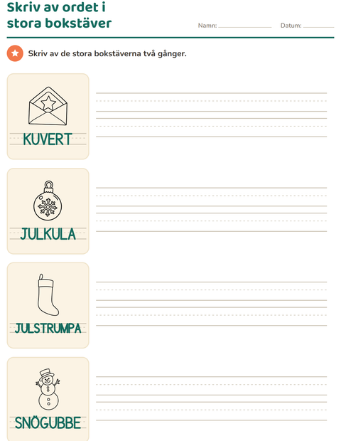 Förhandsvisning av Spåra ord-arbetsblad med Jul S/V för Förskoleklass