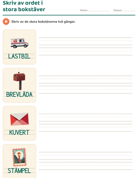 Förhandsvisning av Spåra ord-arbetsblad med Postkontor för Förskoleklass