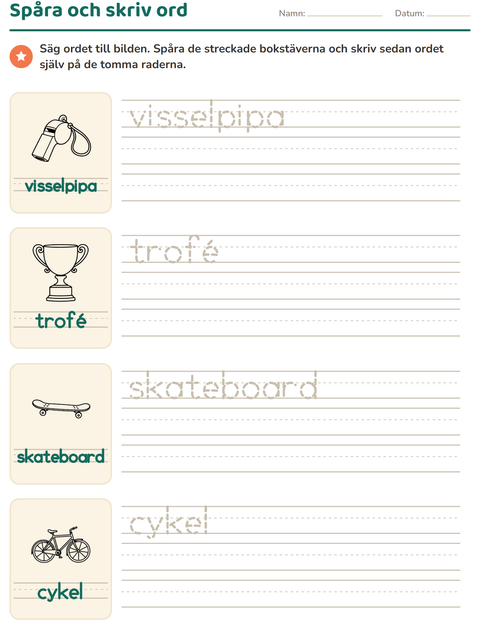Förhandsvisning av Spåra ord-arbetsblad med Sport SV för Förskoleklass
