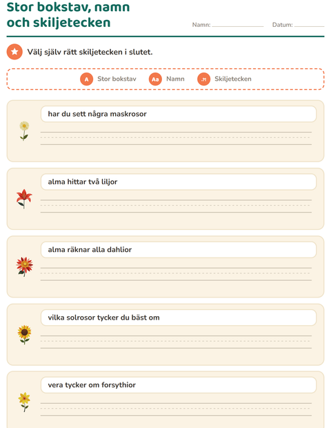 Förhandsvisning av Stor bokstav och skiljetecken-arbetsblad med Blommor för Årskurs 2