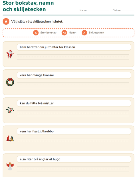 Förhandsvisning av Stor bokstav och skiljetecken-arbetsblad med Jul för Årskurs 2